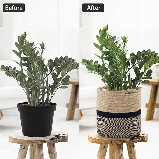 TIMEYARD Large Jute Plant Basket, Planter for Indoor Plants, Black and Jute | 12" x 12" Storage Organizer Basket Rustic Home Decor, Wicker Planter, Woven Pot for Indoor Plants