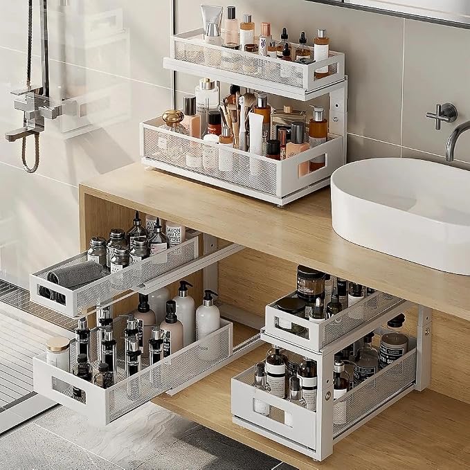 2 Pack 18.5IN-Depth Under Sink Organizer With Next-Gen Ball-Bearing Slides,2-Tier Pull Out Cabinet Storage,Height Adjustable Drawer Shelf for Bathroom,Kitchen,Laundry,Cabinet,Pantry-White