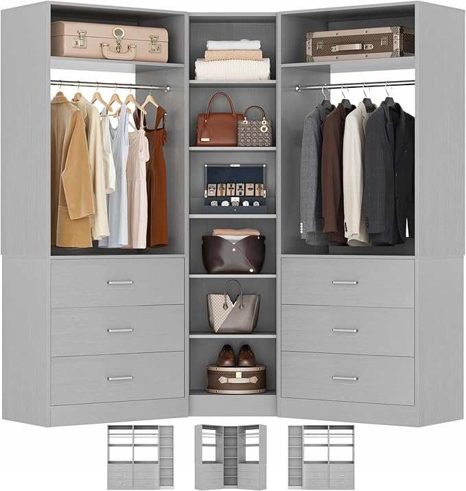 Besiost Closet System with 6 Drawers & 10 Shelves, Corner Closet Organizer System, Reversible Walk-in Closets, (L-Shaped 31.5" L * 31.5" W / I-Shaped 62.9" L * 15" W), Load 1500+LBS, Grey