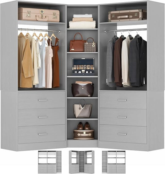 Besiost Closet System with 6 Drawers & 10 Shelves, Corner Closet Organizer System, Reversible Walk-in Closets, (L-Shaped 31.5" L * 31.5" W / I-Shaped 62.9" L * 15" W), Load 1500+LBS, Grey