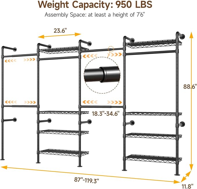 ONBRILL H4 Wall Mounted Closet System, Expandable Industrial Pipe Clothes Rack Clothing Rack for Hanging Clothes, Heavy Duty Closet Organizers and Storage in Wardrobe Closet