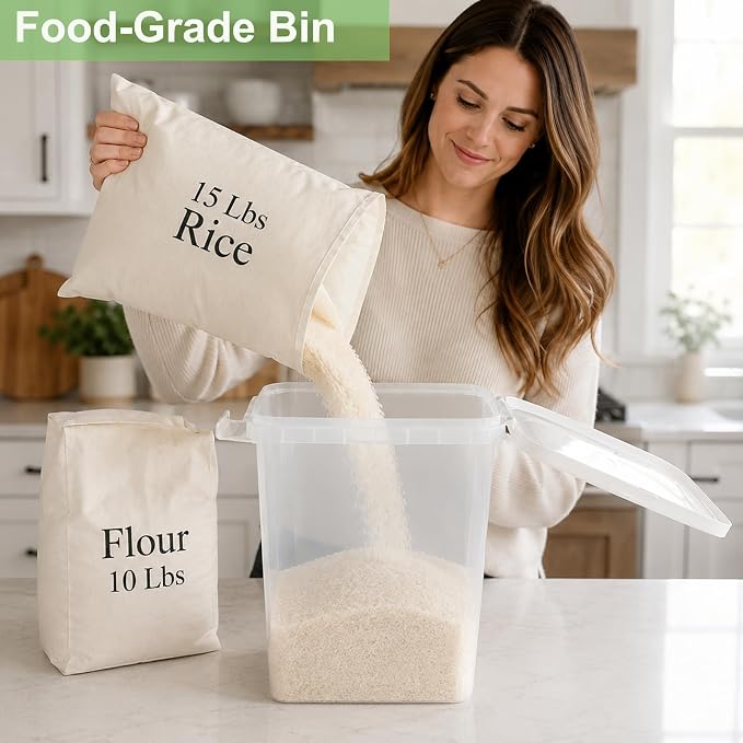 Rice Storage Container 10-15 Lbs, Airtight Flour Dry Food Bin with Scoop | Tight-Lock, Food-Grade Plastic Food Storage Container Dispenser for Cereal, Sugar, Kitchen, Pantry Organizers and Storage