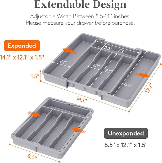 Lifewit Silverware Drawer Organizer, Expandable Utensil Tray for Kitchen, BPA Free Flatware and Cutlery Holder, Adjustable Plastic Storage for Spoons Forks Knives, 8.5-14 x 12", Gray