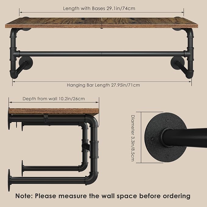 Clothes Rack with Top Shelf, 29.1in Industrial Pipe Wall Mounted Garment Rack, Space-Saving Display Hanging Clothes Rack, Heavy Duty Detachable Multi-Purpose Hanging Rod for Closet Storage
