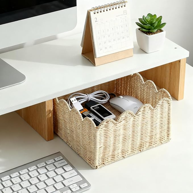 Scalloped Basket, Wicker Storage Baskets, Hand Woven Baskets for Shelves,Natural Baskets for Organizing (Rattan&S-9.5" L x 9.5" W x 5.6" H)