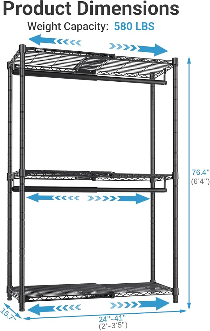 VIPEK X1 Expandable Clothes Rack Heavy Duty Adjustable Closet System Black | Adjustable Shelves and Hanger Rods from 2' to 3'5", Reach-in & Walk-in Closets Metal Garment Rack Portable Closet Organizer