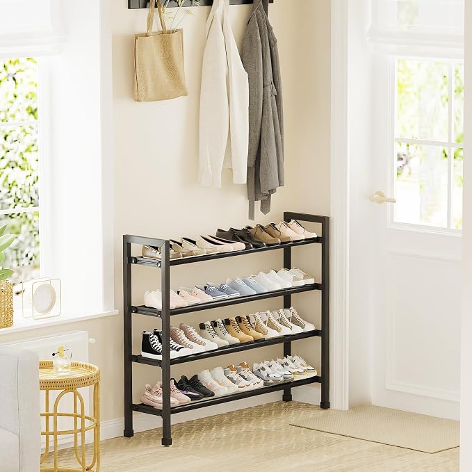 Mavivegue Expandable Shoe Rack, 4-Tier 19"-43.3" Adjustable Shoe Rack for Closet,Hall Entryway,Front Door,Garage, Sturdy Steel Space-Saving Rack, Black