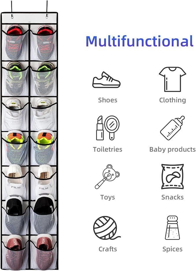 KEEPJOY 2 Pack White 14 Pockets Over the Door Shoe Organizer, Hanging Shoe Organizer with 4 Hooks, Shoe Holder with 14 Mesh Pockets Closet Door Shoe Storage Bag (White-2Pack)