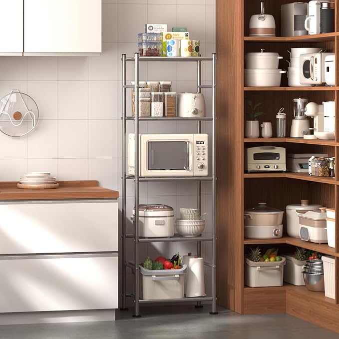 Sakugi Storage Shelves - Set of 2, 5-Tier Metal Shelf Organizer, Space-Saving Garage Shelving with Leveling Feet, Standing Shelves Organizer for Kitchen, Laundry, Pantry (18.4"x12.6"x57.4", Silver)