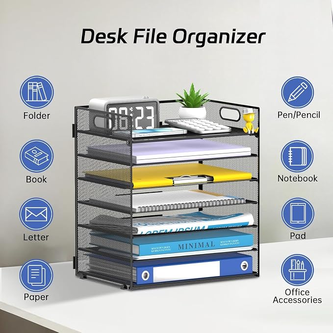 7 Tier Paper Organizer for Desk with Letter Trays & Handle Black | Black Desk File Organizer with Handle for Sorting Papers, Files, Folders, Mail, Bills and Office Supplies