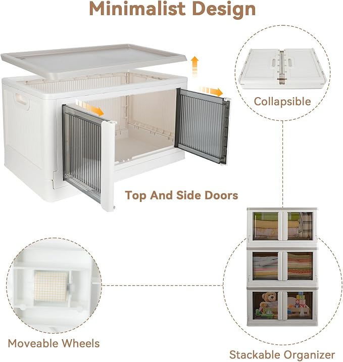Storage Box, Collapsible Cabinet, 8.4 Gallon (32L) Each One, 2 Packs, Useful Box with Lids, Foldable Drawer, Organizers for Home and Office, Milk White