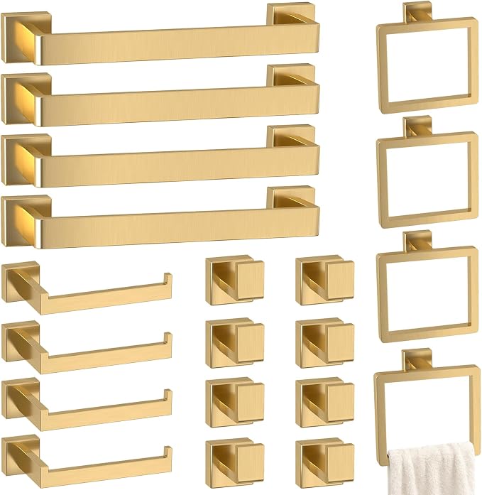 20-Pieces Gold Bathroom Accessories Set, 16 Inch Towel Bar Set | Stainless Steel, Towel Ring, Toilet Paper Holder, Robe Hooks, Towel Racks for Bathroom Wall Mounted, Bathroom Hardware Set