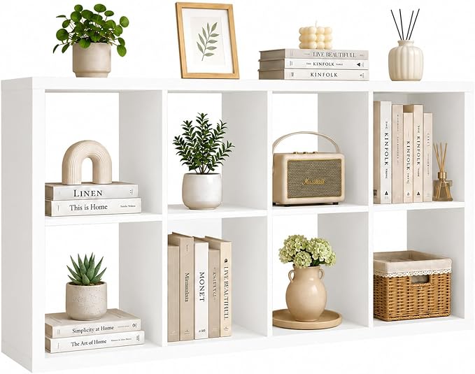 8 Cube Storage Organizer Shelf, White, 13 inch | Wooden Thick Frame, Anti-Tipping Kits, Reversible Open Back Bookcase, Horizontal and Vertical Dual-use, Standing Bookshelf