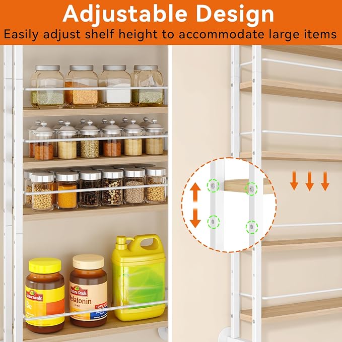IBUYKE Over the Door Spice Organizer,Door or Wall Mount,Natural TLJ028R | 6 Tier Wall Mounted Spice Rack Adjustable Hanging Storage Shelves Spice Organization for Kitchen cabinet Bathroom Closet
