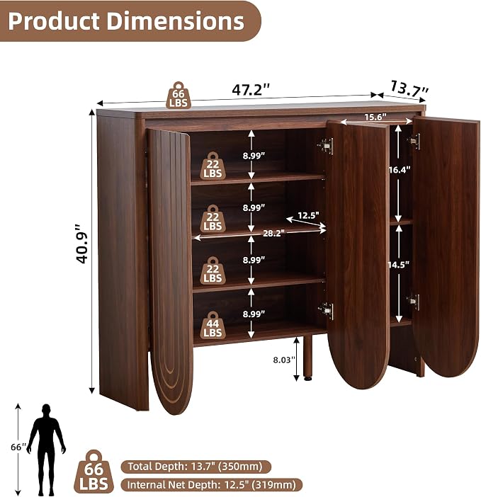47" Large Shoe Cabinet for Entryway, Shoe Storage Cabinet with Adjustable Shelves, Mid-Century Modern Wooden Shoe Organizer with 3 Arched Doors, Extra Deep Shoe Rack for Sneakers & Boots (Walnut)