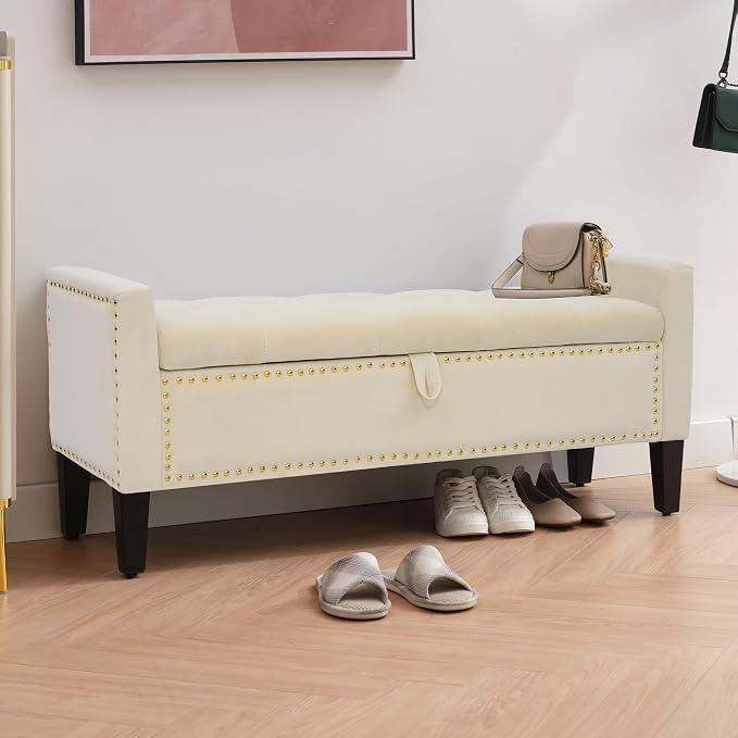 Storage Ottoman Bench, Velvet Upholstered Footstool, Beige | Frosted Flannel Seat with Storage, Wooden Legs & Metal Rivets, For Bedroom and Living Room