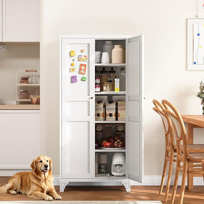 Yizosh Metal Storage Cabinet with 2 Doors and 4 Adjustable Shelves - 61" White Kitchen Pantry Storage 5-Tier Tall Steel Cabinets Locker for Kitchen, Living Room, Dining Room