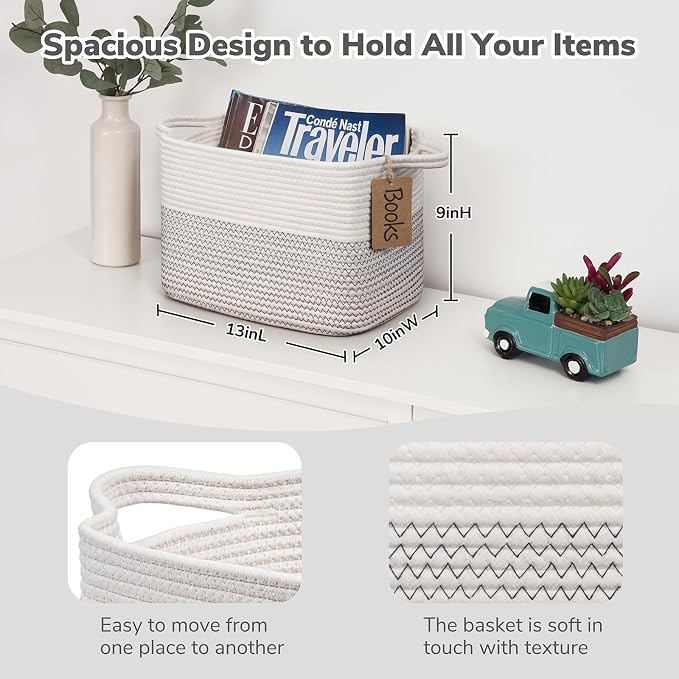 Goodpick Small Cotton Rope Baby Laundry Basket, Mix White | 13 x 10 x 9 in, Reinforced Handles, Rectangle Stylish Gift, Nursery & Bedroom Organization, Toys & Baby Essentials Storage