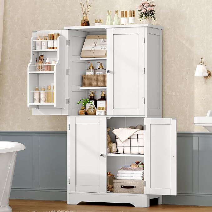 51" H Pantry Cabinet with 4 Doors, Kitchen Cabinet with 6 Door Shelves, Storage Cabinet for Living Room, Dining Room, Bathroom, White