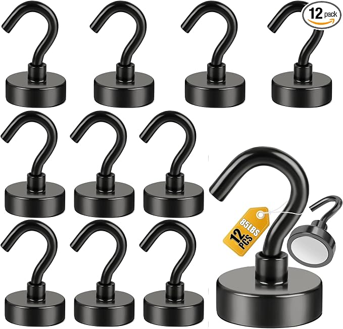 DIYMAG Magnetic Hooks 12pcs 85lbs Cruise Essentials 2026 Magnet Hook Black | Neodymium Heavy Duty Strong Magnets Hanging Ship Cabins Refrigerator Fridge Classroom Beach Vacation Kitchen Grills Home Tool
