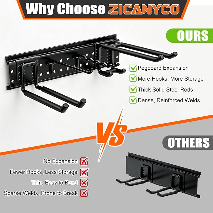 Garage Tool Organizer Wall Mount 66 inches with 13 Adjustable Heavy-Duty Hooks, Garage Organization, Garden Tool Storage Rack for Garage, Yard, and Shed, Holds Up to 520 lbs
