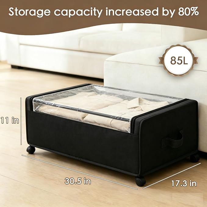 Under Bed Storage with Wheels, 2-Pack Under the Bed Storage Containers with Clear Lids & Label, Underbed Storage Bins, XXXL 85L 11 inches Rolling Metal Drawer for Clothes, Shoes, Toys, Books - Black
