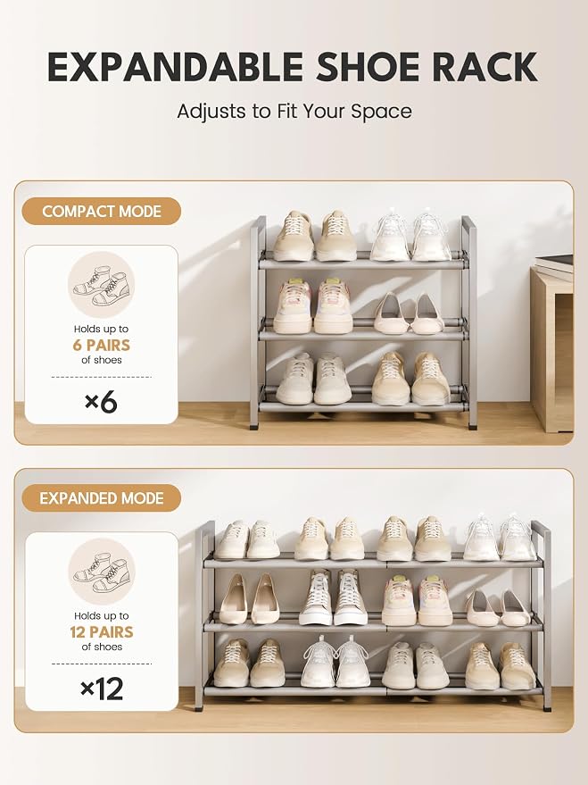 Bumusty 3 Tier Expandable Shoe Rack for Closet, Light Grey | 18"-33" Adjustable Shoe Rack for Entryway, Small Shoe Organizer for Dorm, Front Door, Sturdy Metal