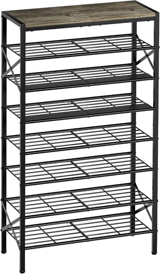 8 Tier Metal Shoe Rack with Wood Top, 24-32 Pairs Gray | 52in tall maximizes vertical space. 2 iron sheets for heels. Remove a layer for tall boots. Versatile for home.
