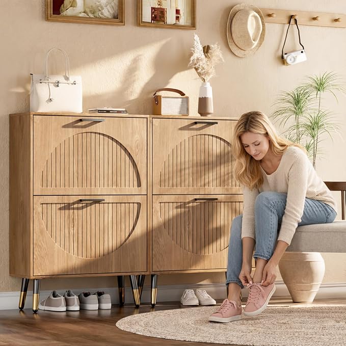 Farmhouse Shoe Cabinet Storage for Entryway, Slim Shoe Rack Cabinet with 4 Flip Drawers, Narrow Shoe Organizer Cabinet with Stylish Round Panel, Metal Leg and Handle