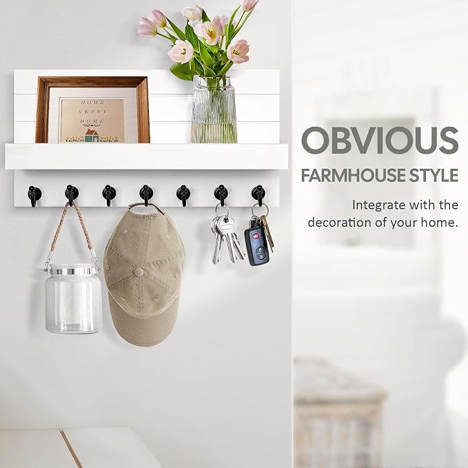HONJIN Key Holder for Wall: Upgraded 7 Sturdy Key Hooks Easy Installation Mail Organizer Wall Mount Hanging Key Rack for Kitchen and Entryway Decor