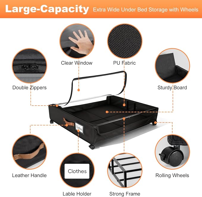 80L Large Under Bed Storage with Wheels, 2-Pack XXL Underbed Shoe Storage | Fit Most Bed, Removable & Locakable Wheels, Sturdy Metal Frame, Clear Lid, Easy Install, for Off-Season Clothes/Blankets