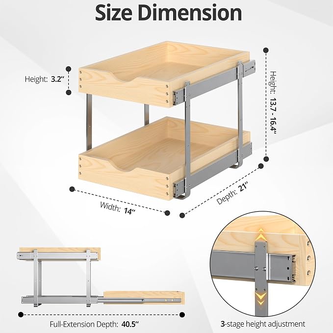 21" Deep 2-Tier Pull Out Cabinet Organizer - Wood Pull Out Drawers | Slide Out Shelves, Full-Extension, Ball-Bearing Slides, 3 Adjustable Heights (2-Tier, 14''W X 21''D Overall)