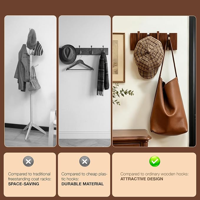 QUELLANCE Wooden Coat Hooks Wall Mounted, Coat Rack Hanger Wall Mount with 4 Hooks, Heavy Duty Coat Hooks for Hanging Coats/Keys/Hats/Robe&Towels/Plants/Bags, Home Decor Gift, Walnut