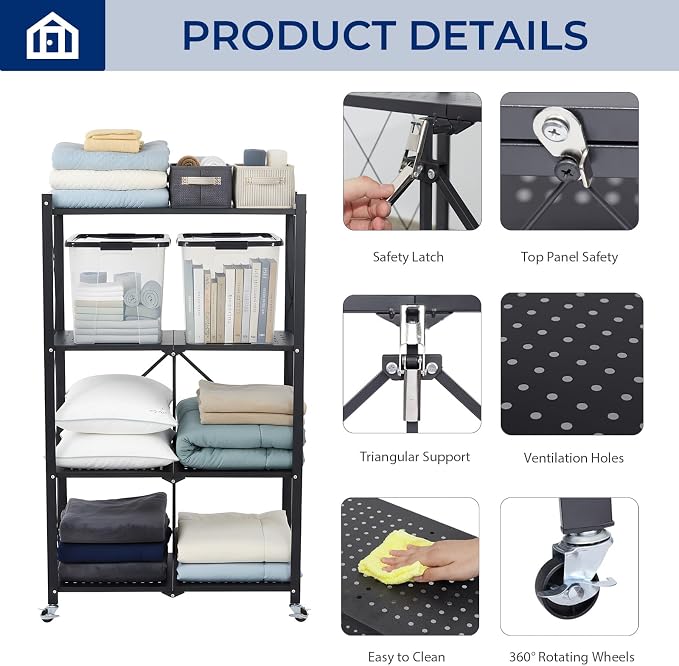 4 Tier Foldable Storage Shelf with Wheels, Collapsible Metal Rack Shelving Unit, No Assembly Required, Rolling Cart Shelf Rack Organizer for Books, Garage, Kitchen, Closet, Pantry, Exhibition, Black