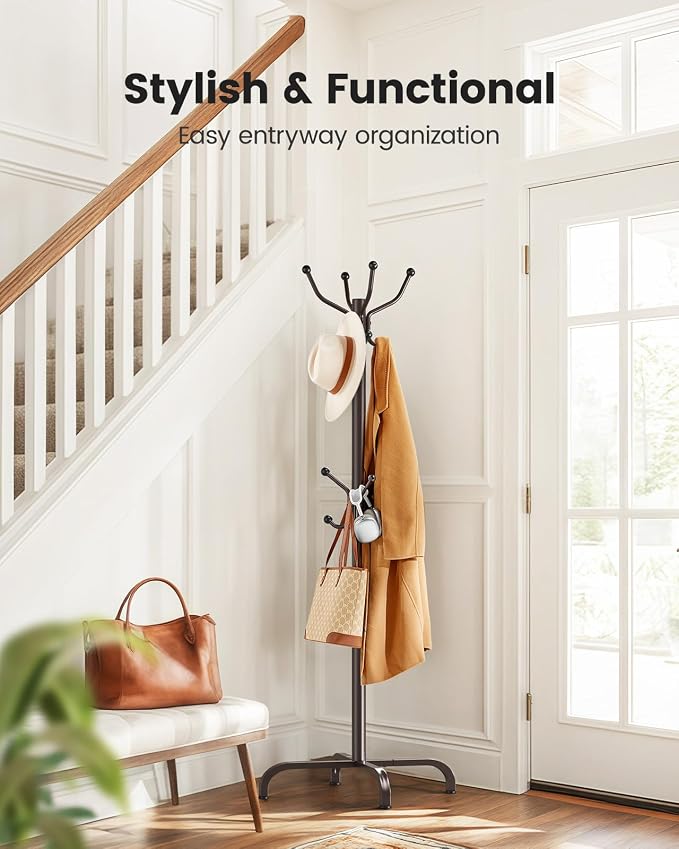 Pipishell Coat Rack with 14 Hooks, Freestanding Coat Rack Stand for Entryway, Hallway, Bedroom, and Office, Metal Coat Tree & Hat Rack for Coats, Hats, and Bags, Brown | Durable metal frame, stable four-point base, 2 hook heights for adults and kids, s...