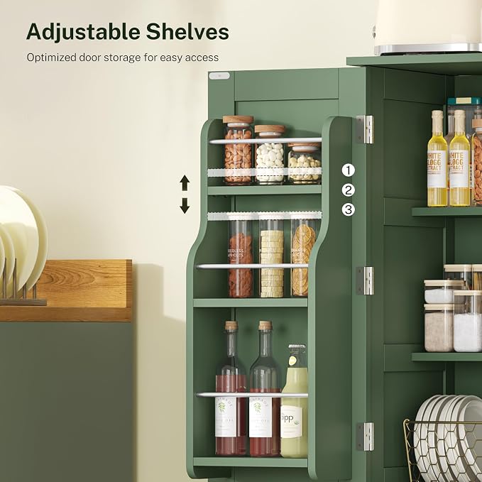 43" H Storage Cabinet with 4 Doors, Kitchen Cabinet with 6 Door Shelves, Kitchen Pantry Cabinets for Living Room, Dining Room, Bathroom, Forest Green