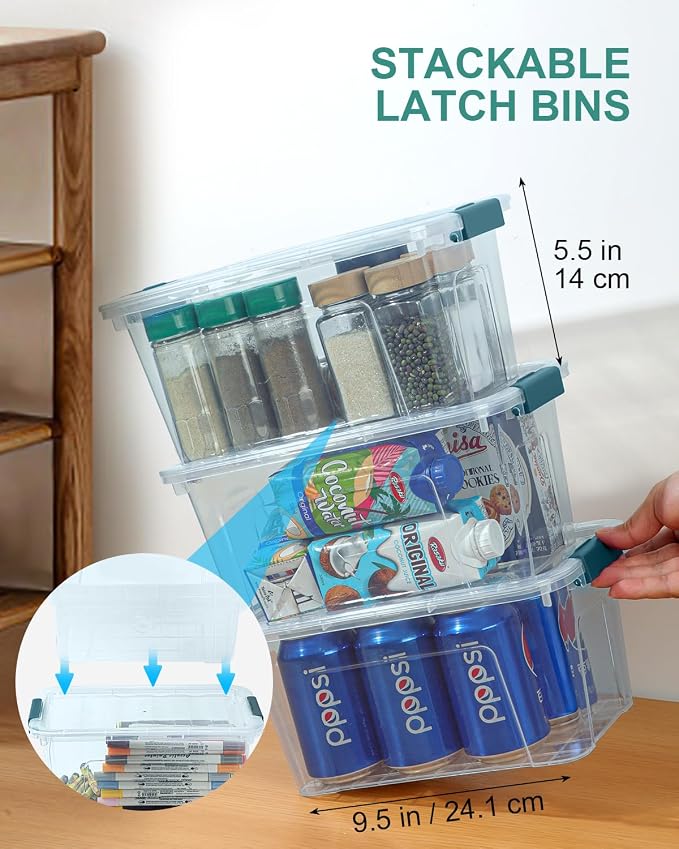 Storage Bins with Lids 6 Pack Clear Storage Containers, 7 Quart Stackable Plastic Containers with Secure Buckle Latch, Durable Storage Box Organizer for Pantry, Closet, Office & Classroom, Blue