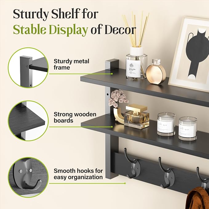 Two-Tier Wall Shelf with Hooks, 17" Coat Rack Wall Mount with Shelf, Entryway Key Hooks for Wall with Heavy Duty Double Hooks, Coat Hook Wall Mounted for Bedroom, Living Room, Black