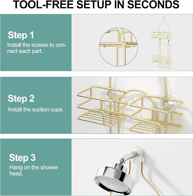 SRIWATANA Shower Caddy Hanging, Shower Organizer with Razor Hooks, Gold | Rustproof Shower Rack, No Drilling Shelves Over Shower Head, Anti-Swing Scution Install, Bathroom Holder for Sponge Loofah