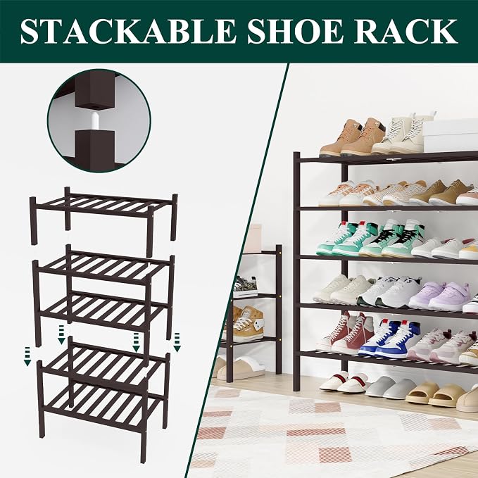 Smiry Bamboo Shoe Rack, 12 Vertical Slats, 5 Tier - 33.7" Wide, Brown | Stackable Free Standing Wooden Shoe Organizer, Wood Shoe Storage Shelf for Closet, Entryway