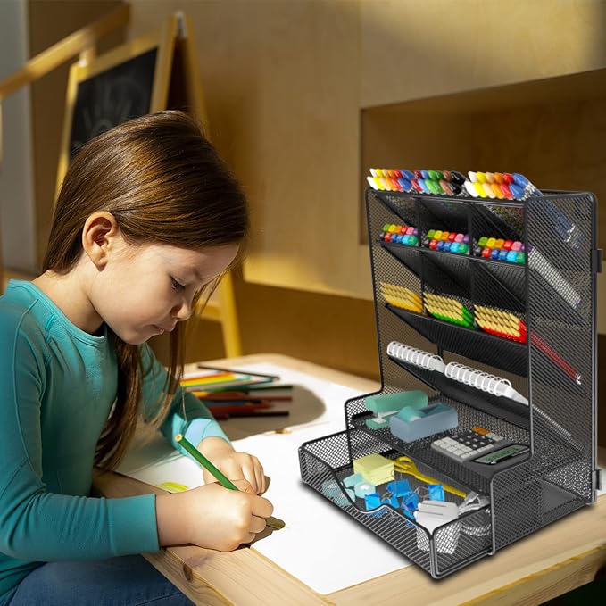 BOHDK Pen Organizer for Desk, Multi-Functional Desk Organizer, Wall Mount Pen Holder with Drawer for School, Office, Home, Art Supplies, Black