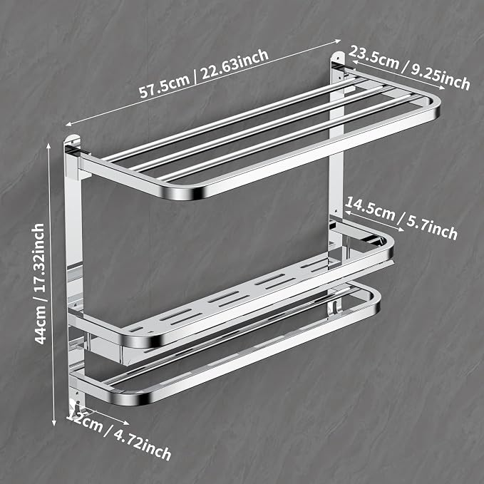 CAXIMSY Towel Rack with Shelf, 22.63" Bathroom Shelf with Double Towel Bars Stainless Steel, Wall Mounted, Foldable Top, 2 Hooks, Adhesive/Screw Install, Space-Saving for Small Bathrooms & Apartments