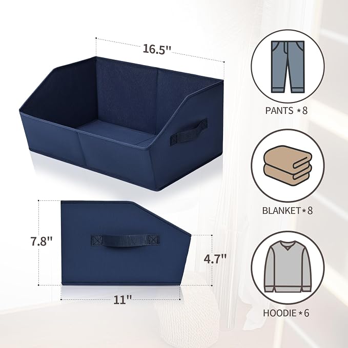 Homsorout Clothes Organizers and Storage - Fabric Storage Bins with Handles, Storage Baskets for Organizing, Trapezoid Storage Cubes for Blankets, Towels, Office, 6 Pack, Navy Blue