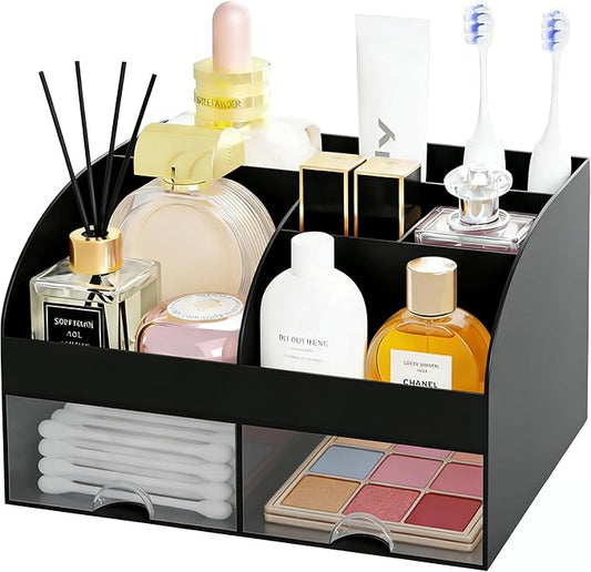 Makeup Organizer with 2 Drawers, Cosmetic Storage for Dresser Vanity and Bathroom Countertop,Make up organization and Skincare Storage with Beauty Brush Holder, Cosmetic Display Case (Black)