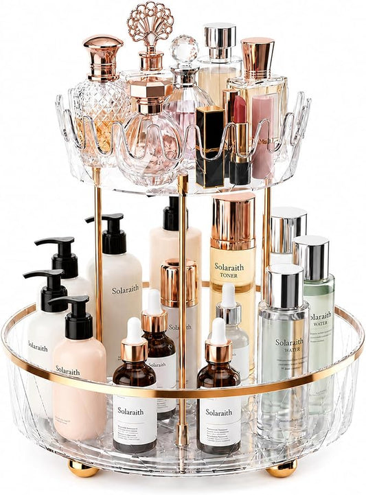 2 Tier Rotating Makeup Organizer for Vanity, Clear Bathroom Counter Organizer, Skincare Organizer and Perfume Organizer, Countertop Cosmetic Storage for Cabinet, Pantry and Kitchen (Clear)