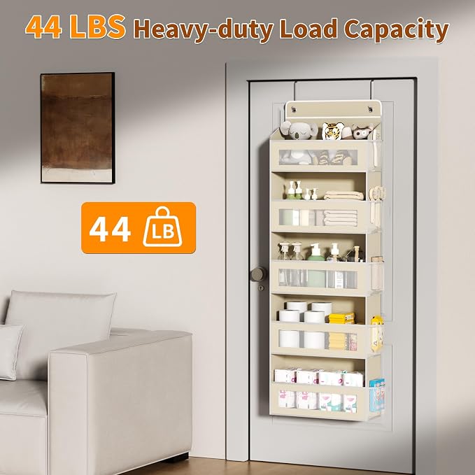 AQOOA 5-Tier Over The Door Organizer 44 lbs Capacity fit Standard Doors | Over the Door Storage with10 Side Pockets Behind Door Storage, Closet Door Organizer Hanging Shelf for Bathroom, Beige