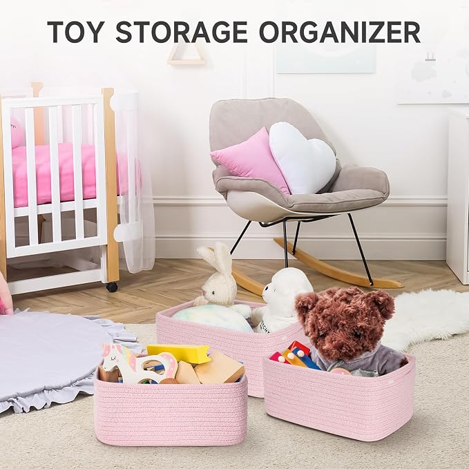 Shelf Baskets for Organizing | Storage Basket for Shelves | Small Woven Baskets | Rope Toy Basket | Closet Organizer Bins | Cube Decorative Box | 11.8×7.8×5.1” | 3 Pcs Mixed Pink