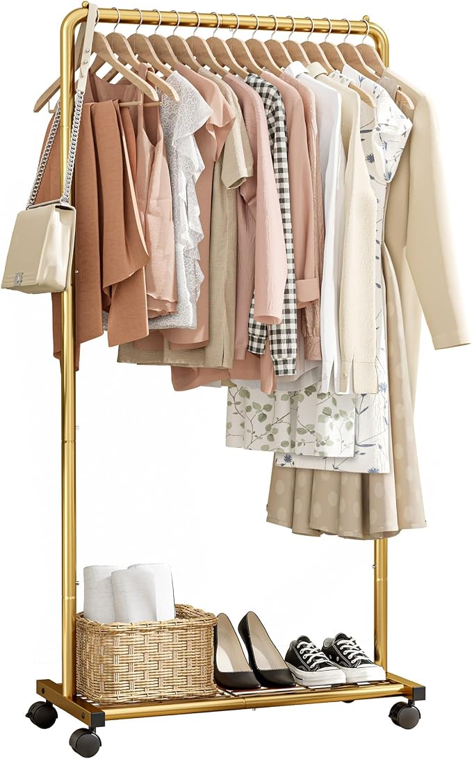 Sakugi Clothes Rack - Clothing Rack with Storage Mesh Shelf & Casters, Heavy-Duty Metal Clothing Rack for Hanging Clothes, Dresses, Coats, Large Load Capacity, Easy Assembly, Gold, 28.0"x16.9"x59.0"