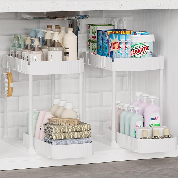 Ukeetap 2 Pack Multi-Purpose Pull-Out Storage Organizers, Under Sink Organizers and Storage for Bathroom & Kitchen, Under Cabinet Organizers and storage, 14.8 Inch, White