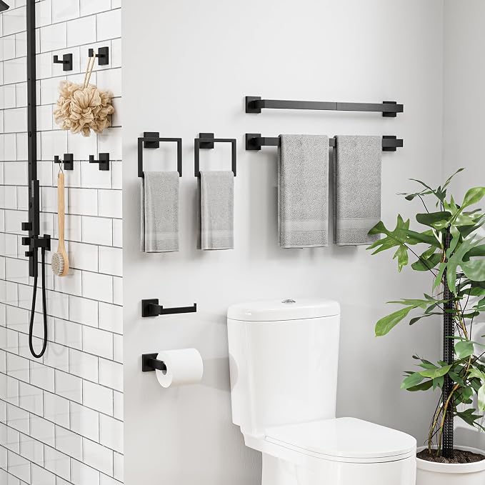 15-Pieces Matte Black Bathroom Accessories, 24 Inch Bathroom Hardware Set | SUS304 Stainless Steel Bath Towel Bar Set, Towel Racks for Bathroom Wall Mounted